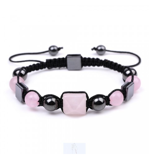 Pulseira Hematite e Quartzo Rosa - Ajustável